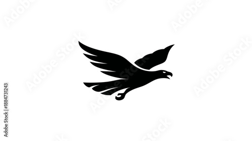 A black silhouette of an eagle in flight against a white background, wings spread