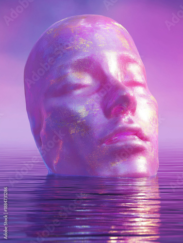 Mystic Reflection: A surreal and enchanting depiction of a serene human face emerging from tranquil water, bathed in ethereal light, exuding a sense of introspection and inner peace.