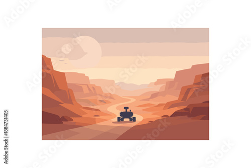 Flat vector background illustration of peaceful planet canyon path with rover silhouette traveling toward haze style clean 2D shapes no outlines minimal details matte colors layered depth