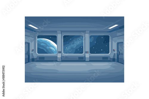 Flat vector background illustration of quiet starship corridor interior with window panels showing planet and foggy stars style clean 2D shapes no outlines minimal details matte colors