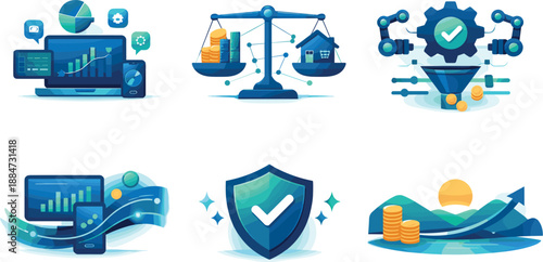 Financial Stability Ecosystem. End-to-end budget goals ecosystem illustration showcasing financial stability and control, six