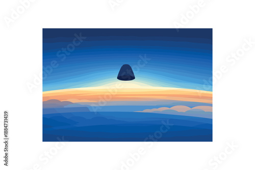 Flat vector background illustration of calm reentry capsule silhouette above layered atmosphere bands and soft glow style clean 2D shapes no outlines minimal details matte colors layered