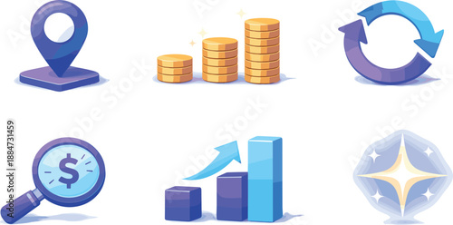 Savings Growth Infographic. Frugal progress infographic-style scene communicating savings growth, six symbolic objects arranged in