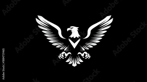 A stylized eagle in white against a black background with outstretched wings and sharp talons