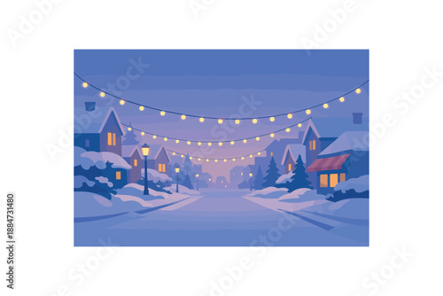 Flat vector background illustration of quiet winter street with string lights silhouettes and soft evening haze style clean 2D shapes no outlines minimal details matte colors layered depth