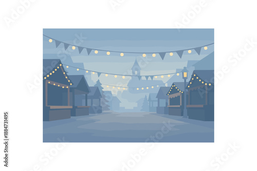 Flat vector background illustration of peaceful holiday market street with empty stall silhouettes and gentle fog style clean 2D shapes no outlines minimal details matte colors layered