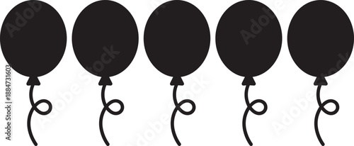 Minimalist black balloon silhouettes row with curly strings featuring simple round party balloons isolated on white background for celebration design