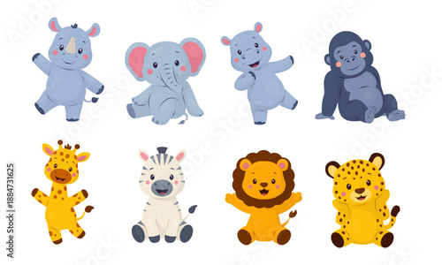 A set of cute baby safari animals: an elephant, a rhinoceros, a hippopotamus, a gorilla, a giraffe, a zebra, a lion, and a leopard. The illustrations are done in a flat vector style. These playful