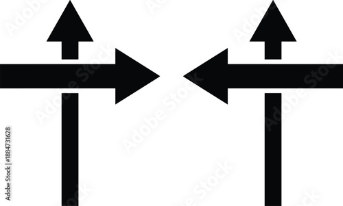 Opposing directional arrows icon symbolizing navigation choices, decision paths, left right movement, traffic flow, abstract black white signage