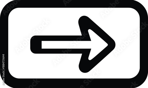 Right arrow icon inside rounded rectangle frame representing navigation, forward action, next step, user interface control, minimal black white design