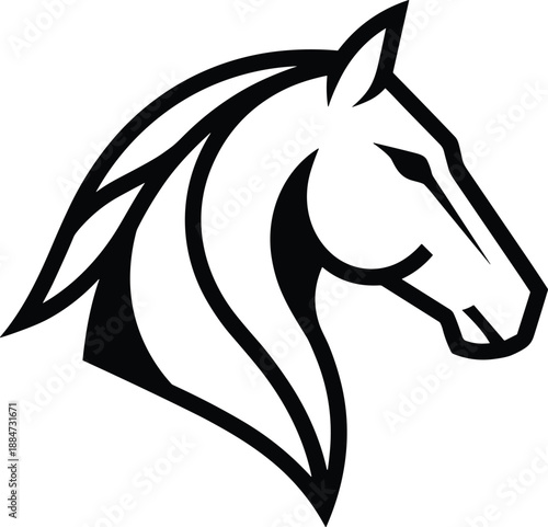Stylized black horse head silhouette logo isolated on white background, equestrian animal symbol, modern minimal farm and sport graphic illustration