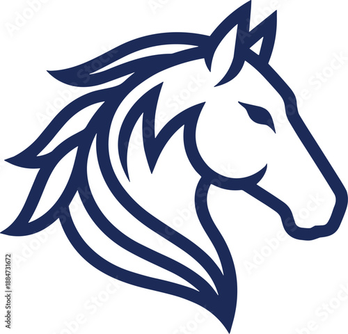 Stylized blue horse head line logo isolated on white background, elegant equestrian animal symbol, modern sport and ranch graphic illustration