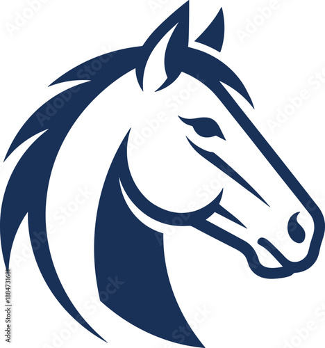Stylized blue horse head logo icon isolated on white background, equestrian animal symbol, modern minimal farm and sport graphic illustration