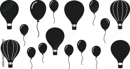 Minimal black balloon and hot air balloon icon set on white background, modern monochrome celebration and travel illustration collection