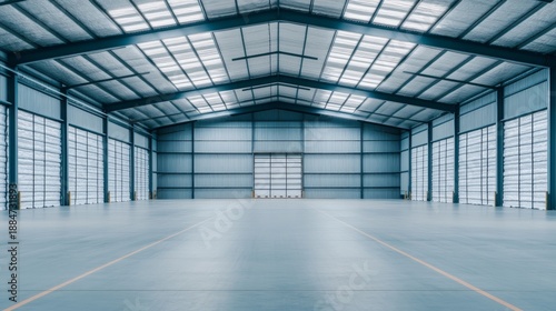 Vast, empty industrial warehouse interior with symmetrical composition, large roll-up door and corrugated metal walls, concept of space and potential. Interior, Warehouse