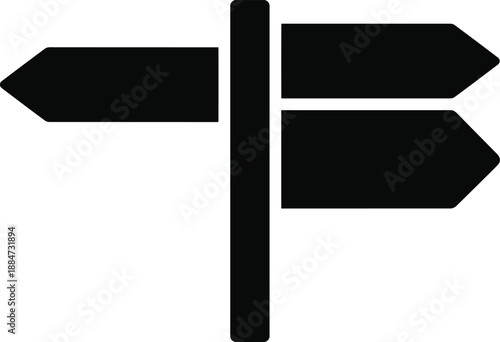 Minimal black directional signpost with multiple arrows indicating navigation choices, wayfinding directions, and decision paths on white background