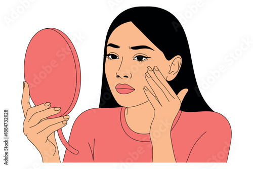 A woman examines her skin in a mirror with concern about her complexion and skin health.