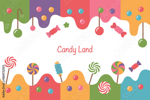 A colorful illustration of Candy Land with various candies and sweets
