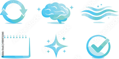 Mental Reset Symbols. Clear-mind restart scene illustrating mental reset, six symbolic objects arranged in two horizontal rows