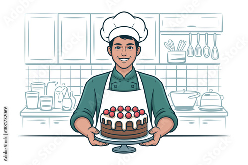 A smiling chef proudly holding a chocolate cake with white frosting and red cherries in a modern kitchen.