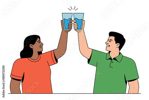 Two people clinking glasses of water together in a celebratory toast