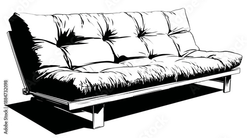 A black and white illustration of a convertible couch