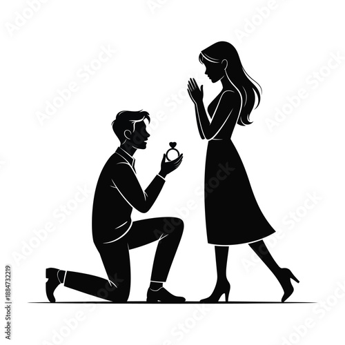 Man proposing to woman holding ring in hand silhouette illustration symbolizing engagement wedding proposal and love celebration moment