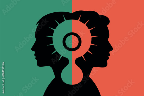 A split personality illustration with two contrasting sides of a person's head in black silhouette on green and orange background