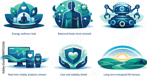 Energy Restoration Ecosystem. End-to-end energy restoration ecosystem illustration showcasing sustained vitality, six symbolic