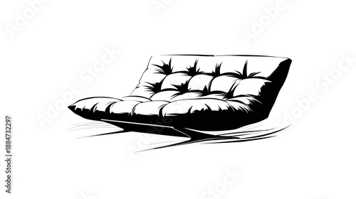 Black and white illustration of a tufted, low-slung lounge chair with a modern, minimalist design