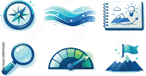 Inspiration Symbolism Design. Creative energy composition expressing inner inspiration flow, six symbolic objects arranged in two