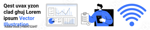 Data charts and graphs, professional holding a tablet with a document, and a wireless signal icon. Ideal for data management, analytics tools, business technology, connectivity, remote work, IT