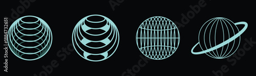 Abstract cyan globe and spherical geometric shapes on a stark black background