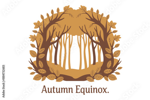 An illustration of a forest scene with trees and leaves representing the Autumn Equinox.
