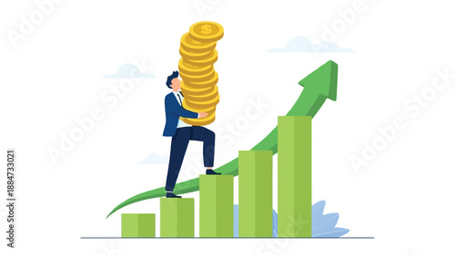 Businessman Climbing Upward Growth Chart Carrying Stack of Gold Coins