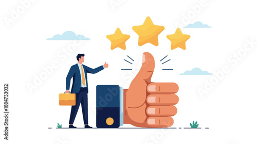 Businessman Gives Thumbs Up with Three Golden Stars and Briefcase