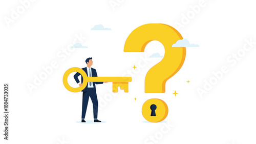 Businessman holding a key in front of a giant question mark and a keyhole