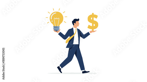 Businessman holding a lightbulb and a dollar sign, symbolizing ideas and profit