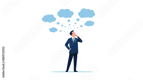 Businessman in a suit contemplating with thought bubbles above his head