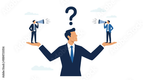 Businessman holding two smaller businessmen with megaphones, questioning decision