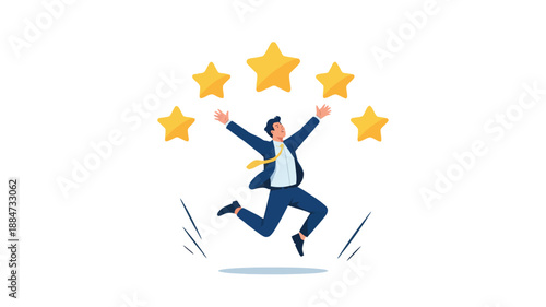 Businessman jumping for joy with five golden stars, celebrating success