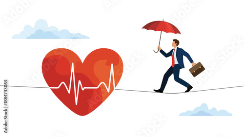 Businessman on Tightrope with Heart and Umbrella, symbolizing health and financial security