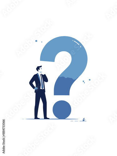 Businessman Pondering a Giant Question Mark, Symbolizing Doubt and Inquiry