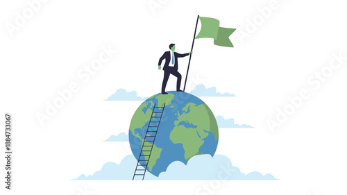 Businessman on top of the world with flag and ladder, symbolizing achievement and global success