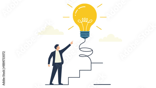 Businessman Reaching for a Bright Idea Bulb Above Stairs, Symbolizing Success and Innovation