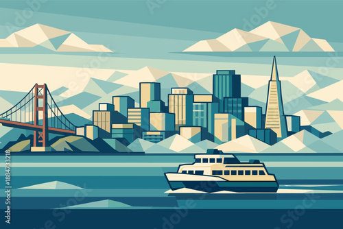 Geometric San Francisco Skyline. San Francisco: Golden Gate left, bay water bands front with ferry, downtown blocks mid, pointed