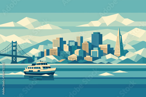 Geometric San Francisco Skyline. San Francisco: Golden Gate left, bay water bands front with ferry, downtown blocks mid, pointed