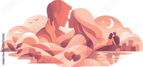 Modern Romantic Silhouettes. Soft intertwined silhouettes forming a harmonious romantic scene, modern flat vector illustration