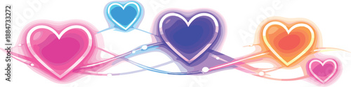 Neon Heart Connections. Luminous heart shapes connected by subtle light trails, modern flat vector illustration representing the