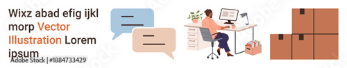 E-commerce, digital business, remote work, logistics, online communication, workplace setup. Chat bubbles, person working on a computer stacked boxes. E-commerce and digital business concept